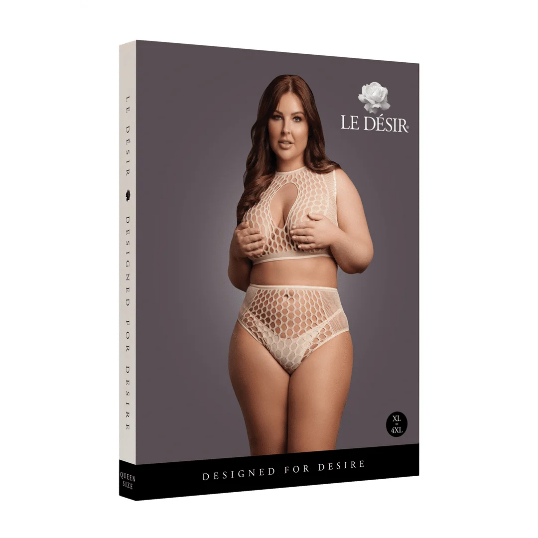 DES027BEGOSX-2 Ensemble de lingerie avec détails en résille et ouverture en goutte pour une silhouette séduisante aux courbes généreuses – LIN – Image 1
