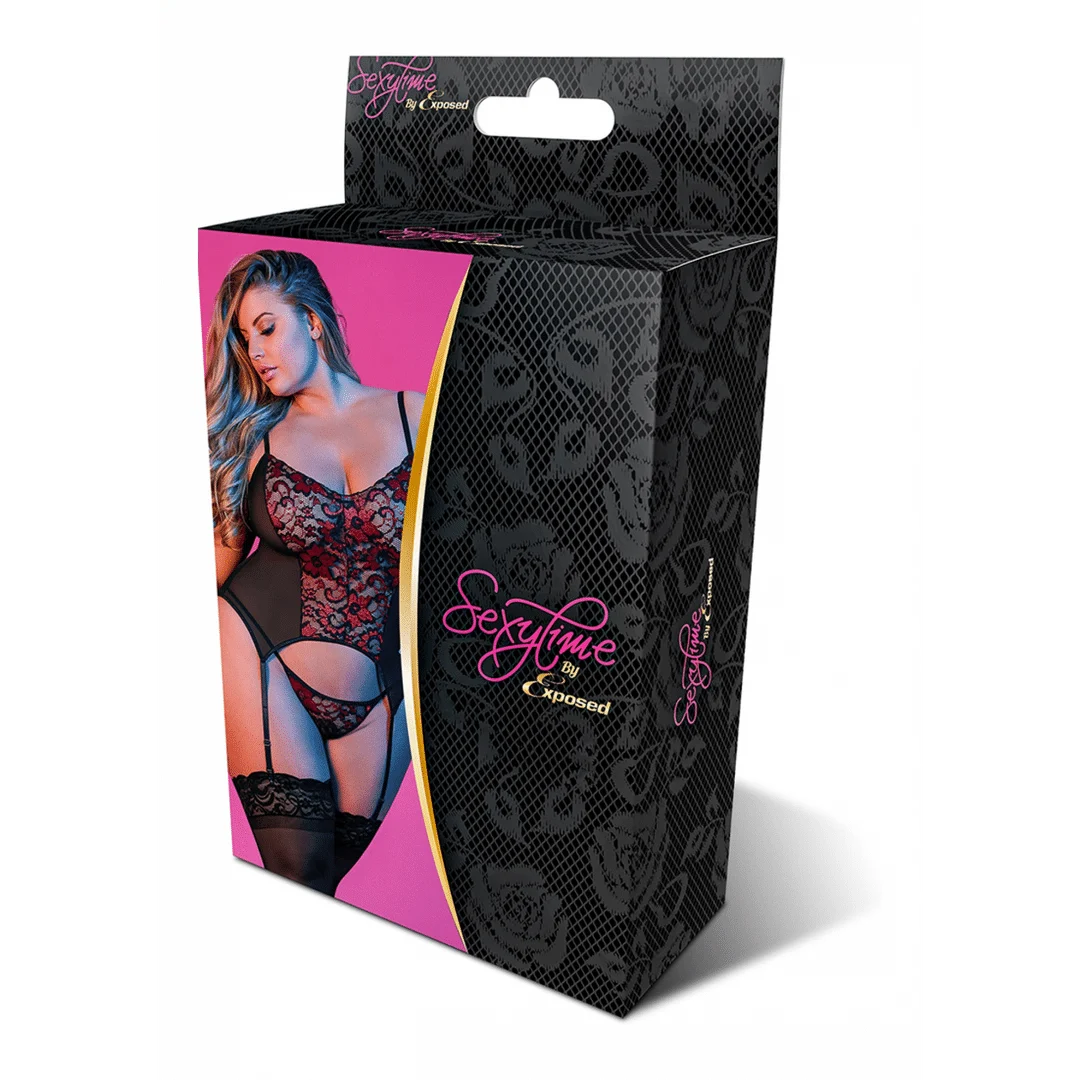 M196BLK2XL-2 Ensemble porte jarretelles en dentelle au style romantique pour silhouette pulpeuse – Exposed – Image 1
