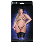 Ensemble Orthia noir en résille imitation cuir avec soutien gorge et string G 2X