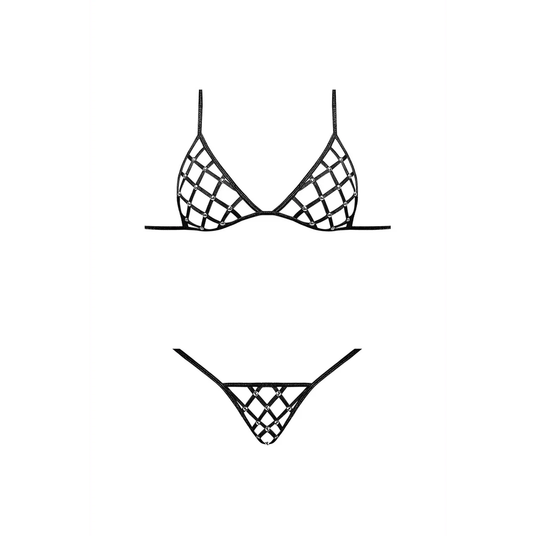 Ensemble Orthia noir en résille imitation cuir avec soutien gorge et string G 2X – Image 3