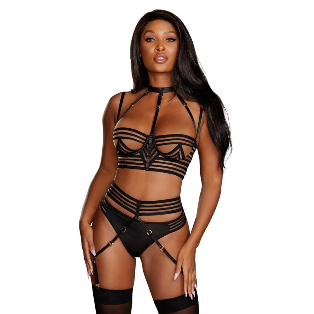 Ensemble de lingerie rayé Dreamgirl avec porte jarretelles – Image 2