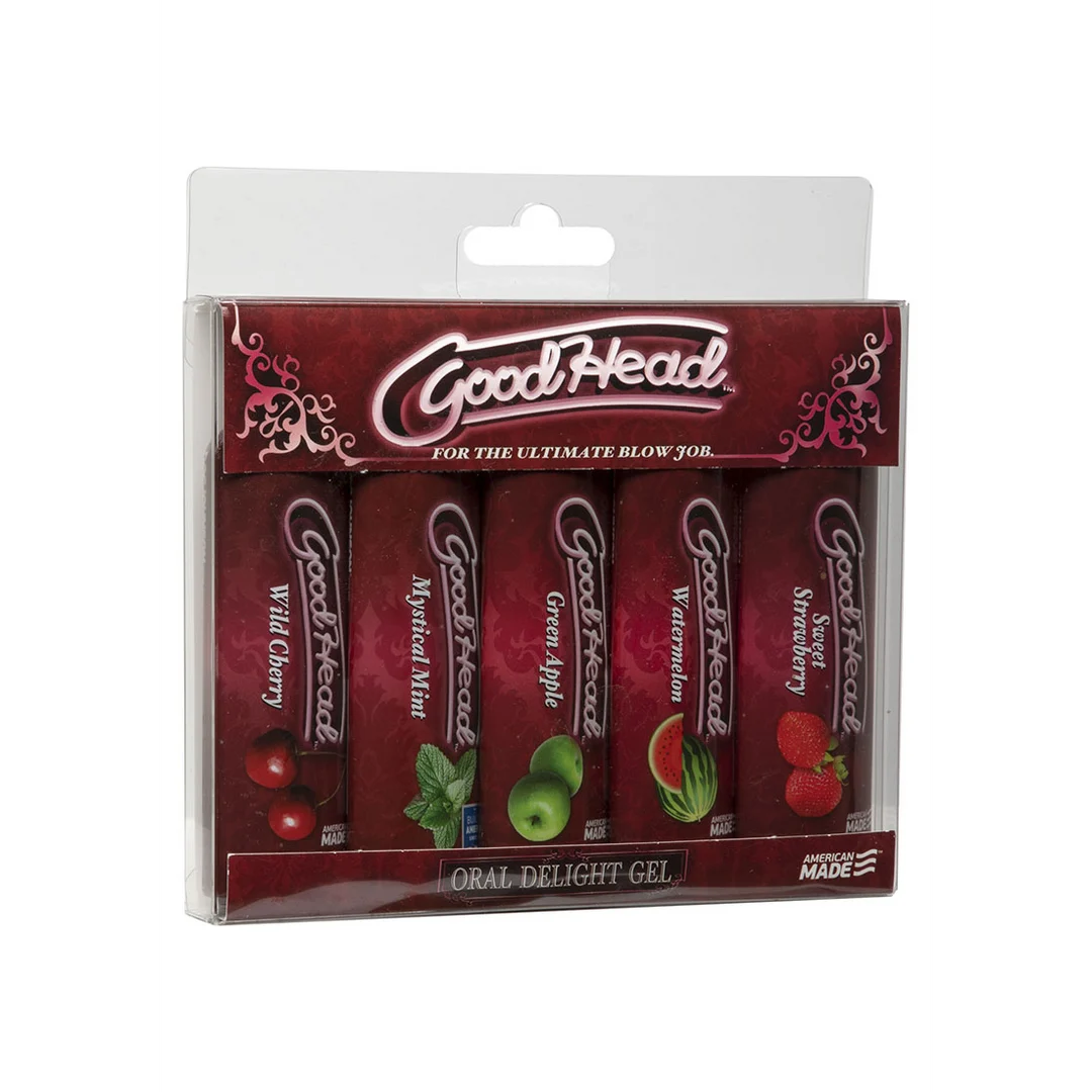 Lubrifiant aromatisé, gel oral GoodHead pour sexe oral, lot de 5, cerise, menthe, pastèque, pomme verte, fraise sucrée, 5 x 1 fl oz / 30 ml, Doc Johnson – Image 1