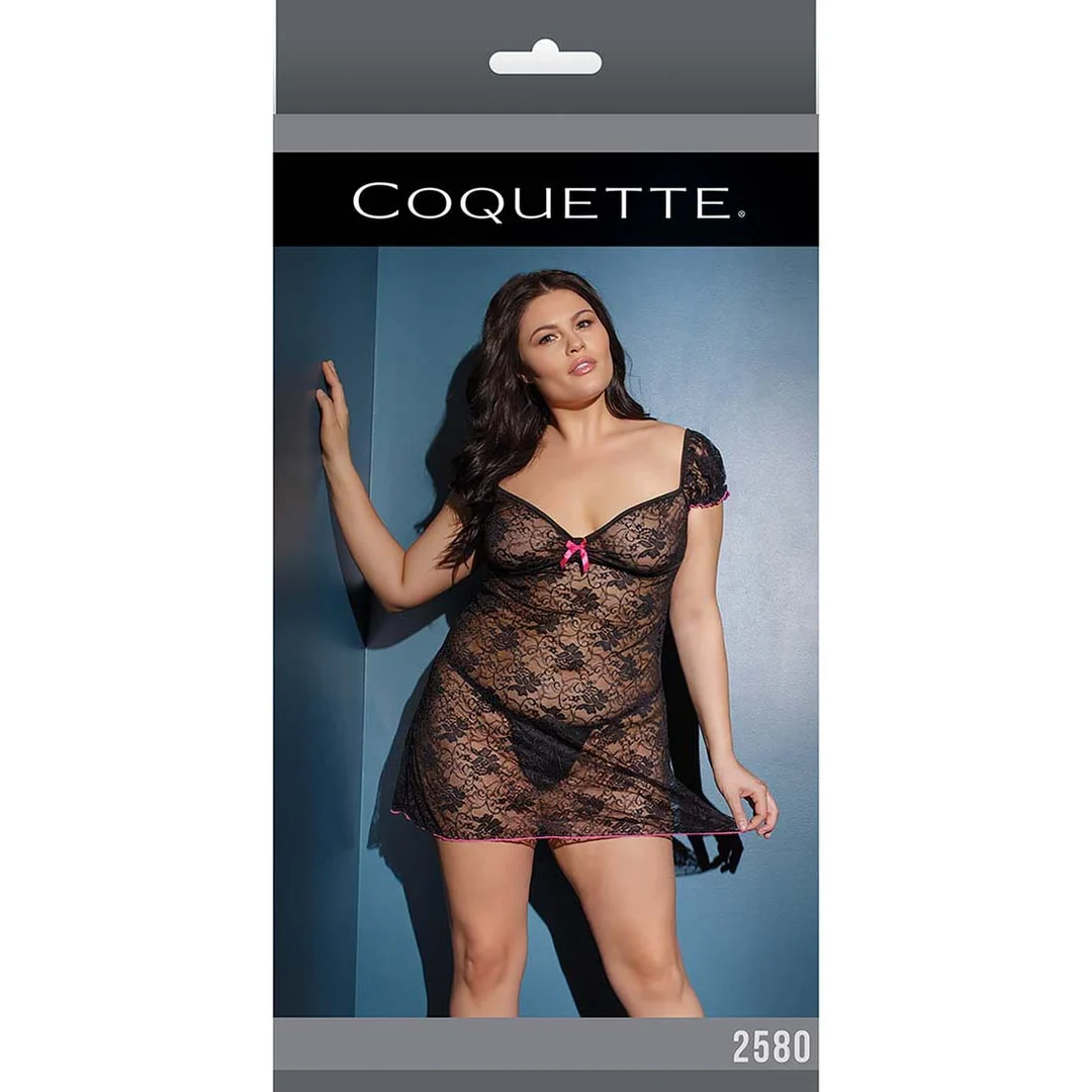 Babydoll en dentelle grande taille avec détails roses et nœud, pour les silhouettes généreuses – SexyPlus – Image 1