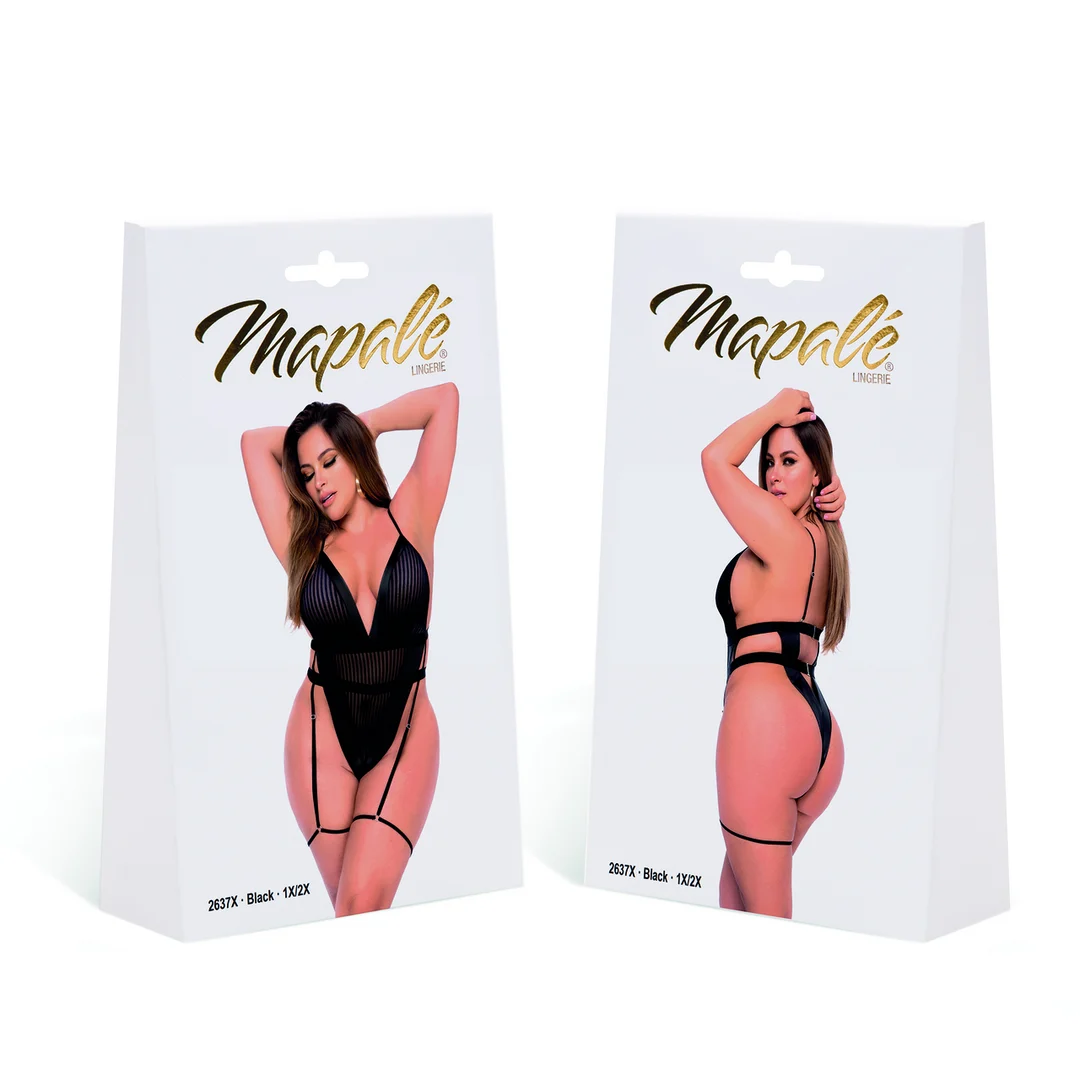2637XBLK1-2X-2 Combinaison noire Mapalé en résille avec détails imitation cuir – Image 1