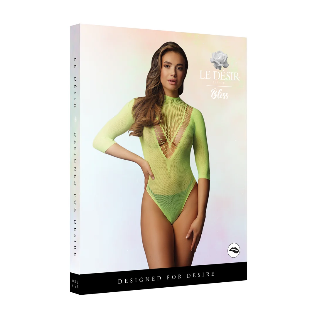 BLS003GRNOS-2 Body en résille à décolleté en V et manches courtes pour une silhouette sensuelle – Le Desir – Image 1
