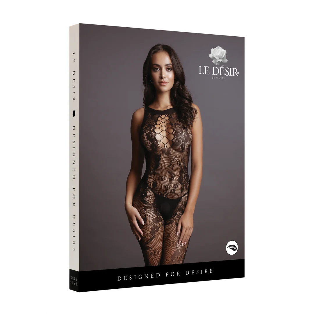 Combinaison résille grande taille en dentelle, col montant et entrejambe ouvert – LIN – Image 7