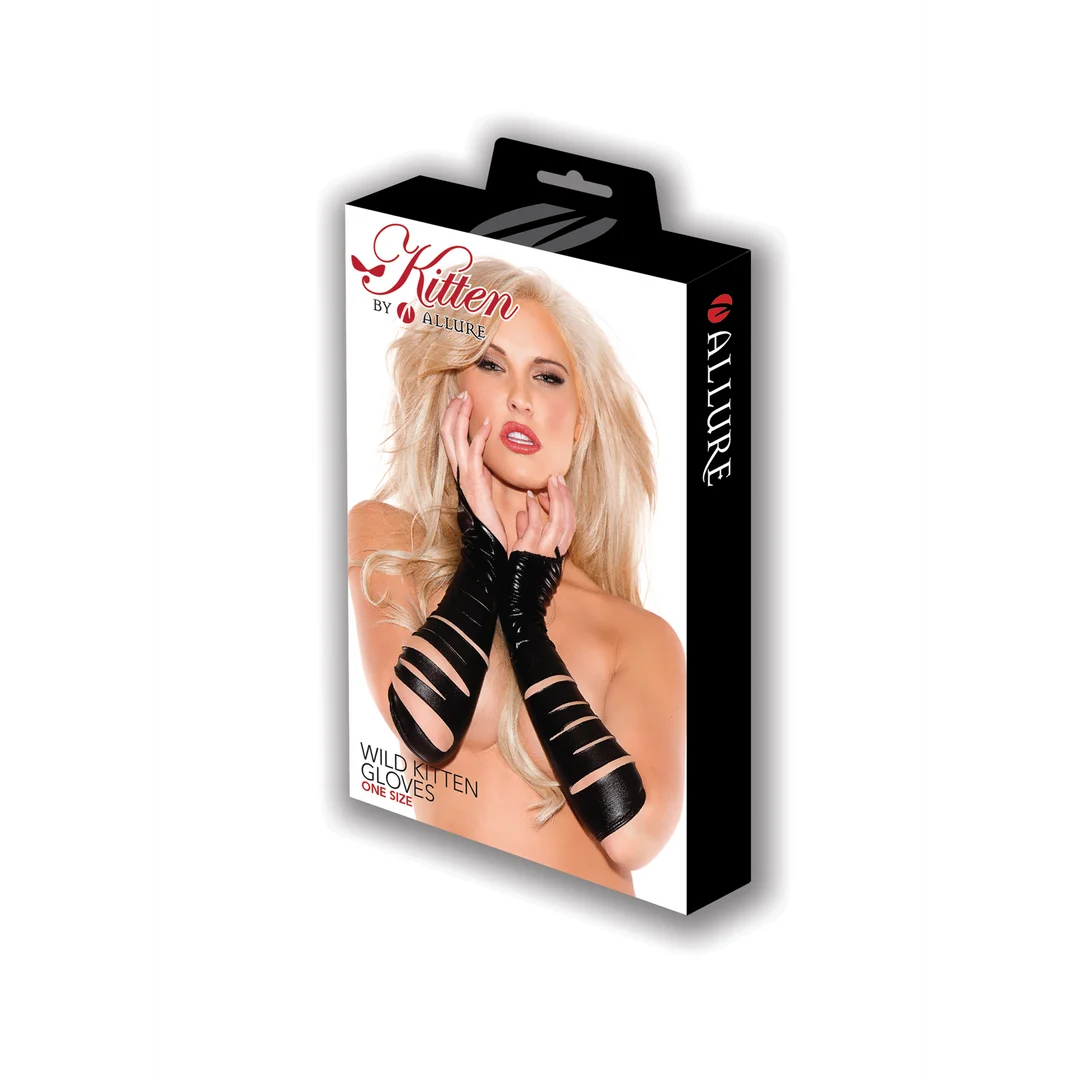 G-3002KBLK-OS-2 Gants noirs à l’aspect wetlook Wild Kitten – Image 1