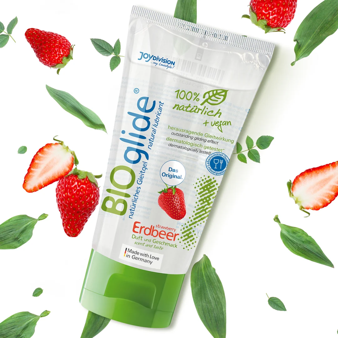 Lubrifiant aromatisé, vegan et 100 % naturel, fraise, 80 ml, BIOglide – Image 1