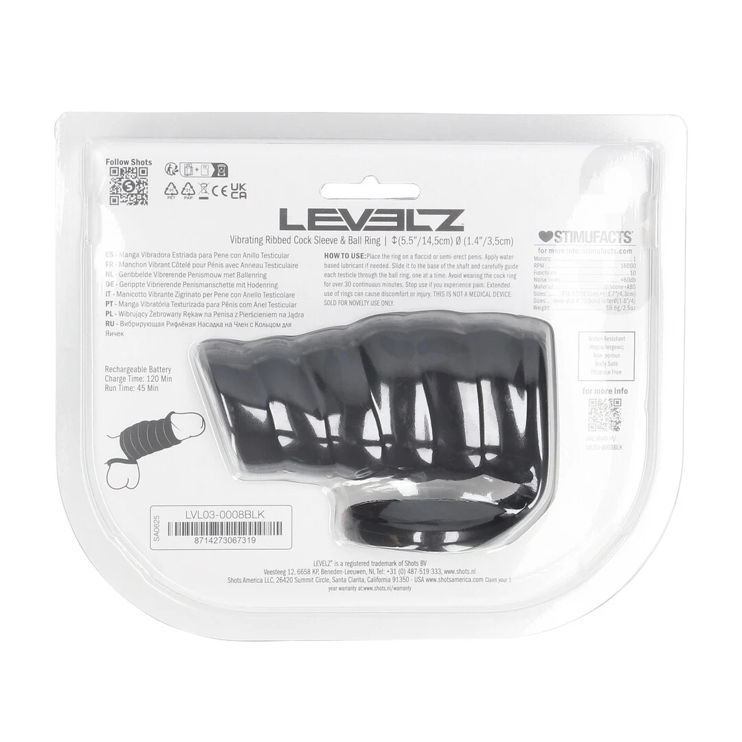 Manchon pénien vibrant nervuré en silicone Levelz by Shots avec anneau pour les testicules, noir – Image 2