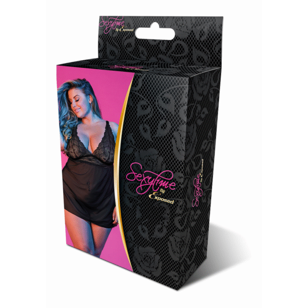 Nuisette babydoll noire dos nu avec ensemble string, taille 2X