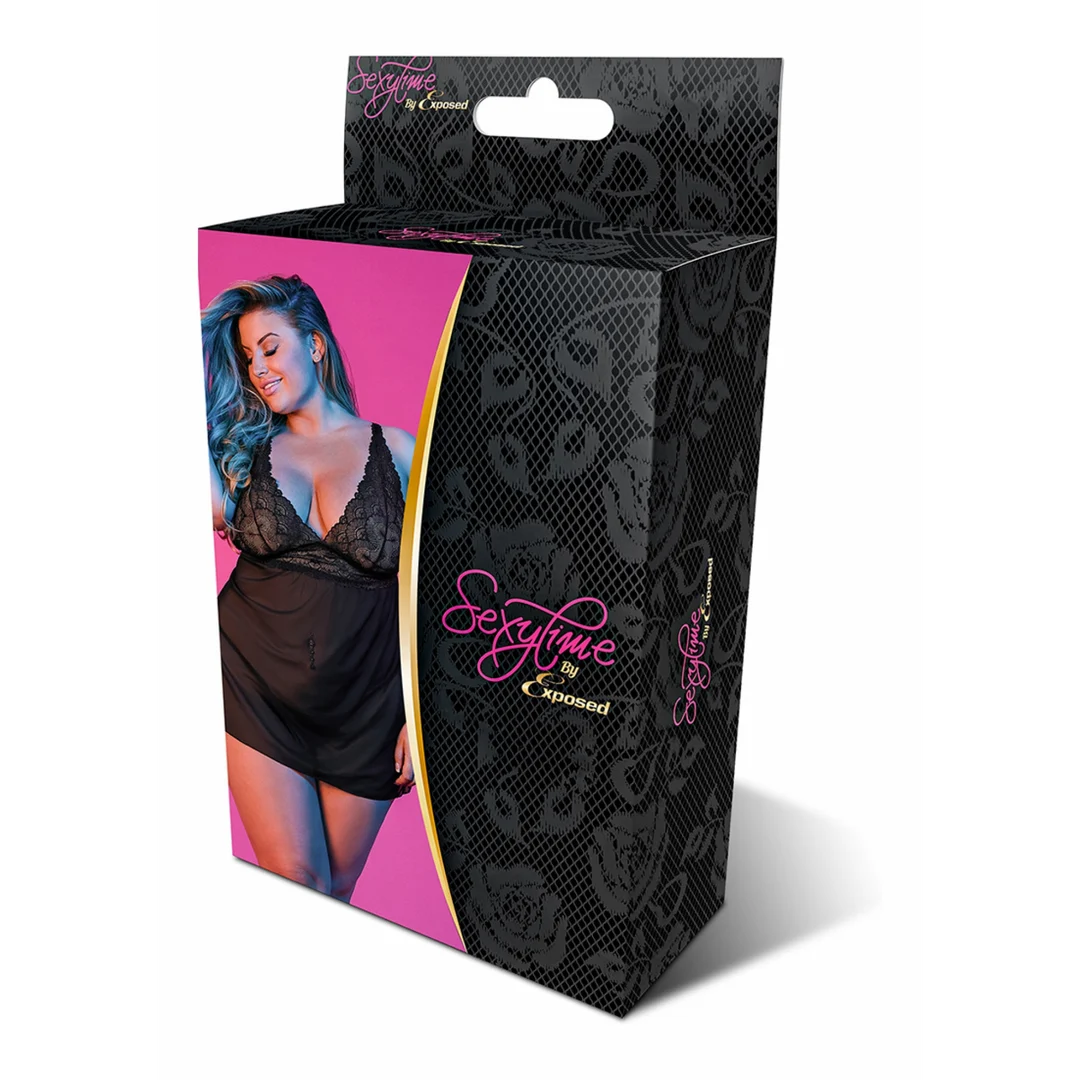 Nuisette babydoll noire dos nu avec ensemble string, taille 2X – Image 1