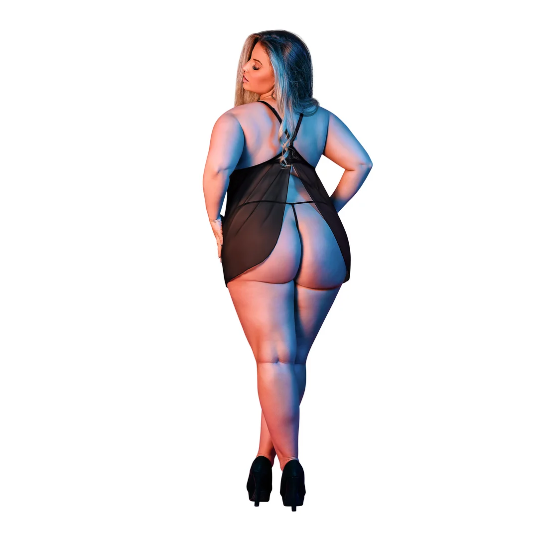 Nuisette babydoll noire dos nu avec ensemble string, taille 2X – Image 3