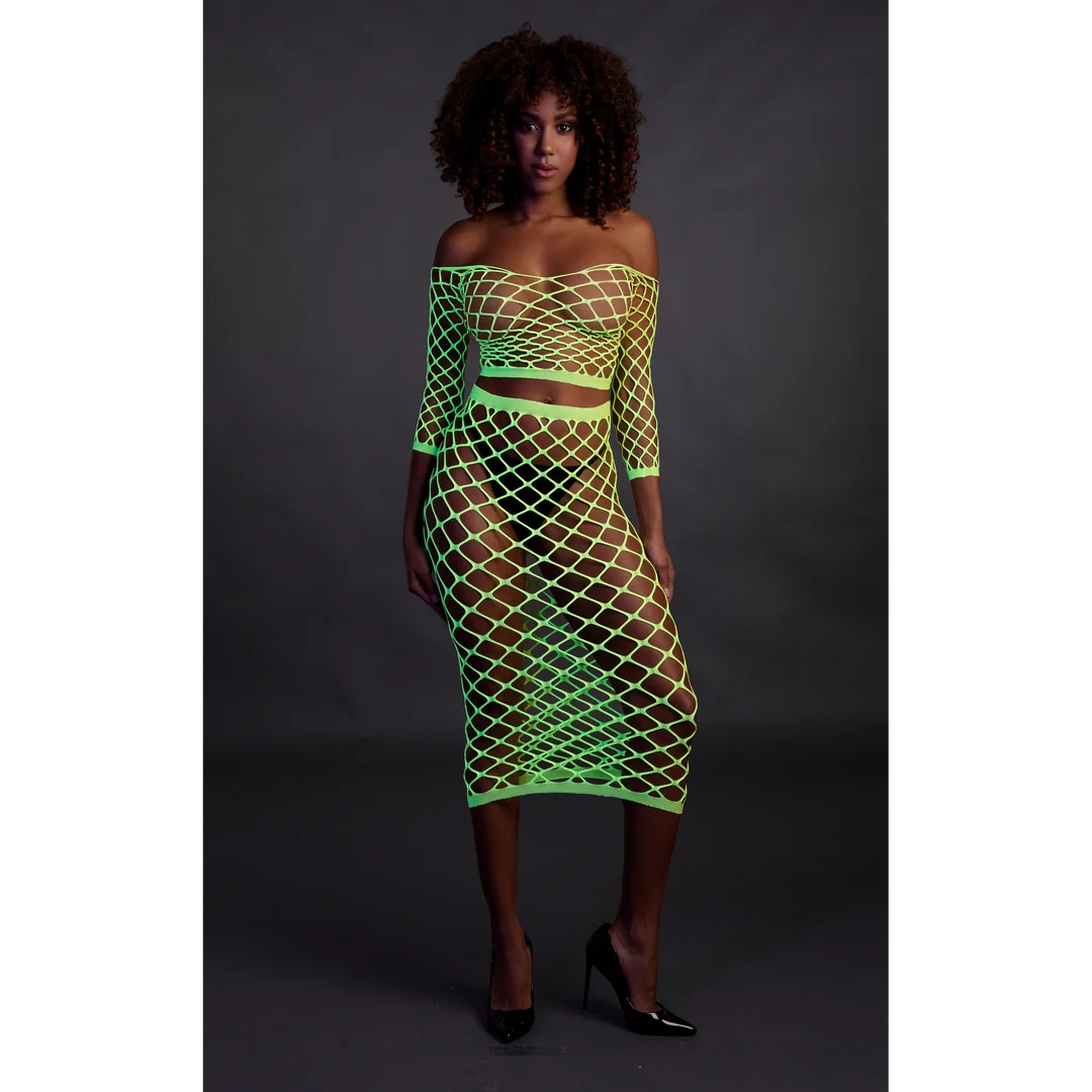Crop top vert néon avec jupe longue – Image 3