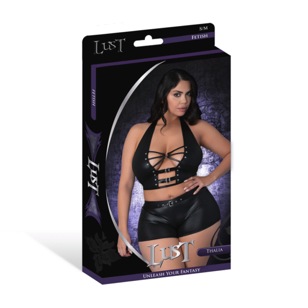 Ensemble Thalia avec haut dos nu et short, anneaux et clous, 2X, noir