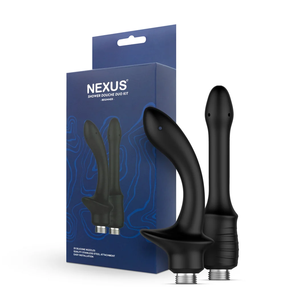 Douche anale, Shower Douche Duo Kit pour débutants avec 2 embouts en silicone, noir, Nexus – Image 1