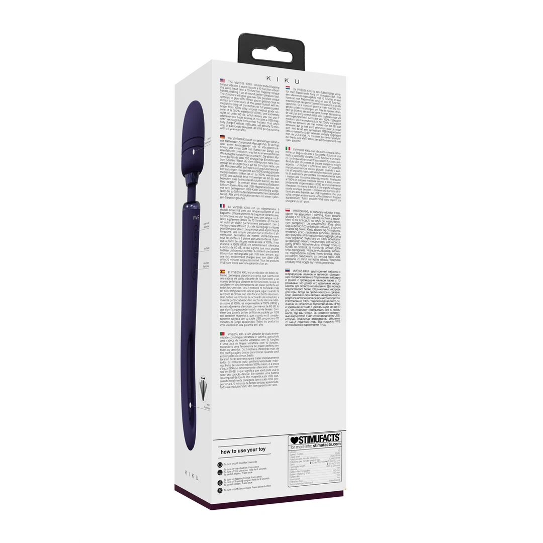 Vibromasseur wand à double extrémité avec langue frétillante et double moteur, VIVE, violet VIVE by Shots – Image 8